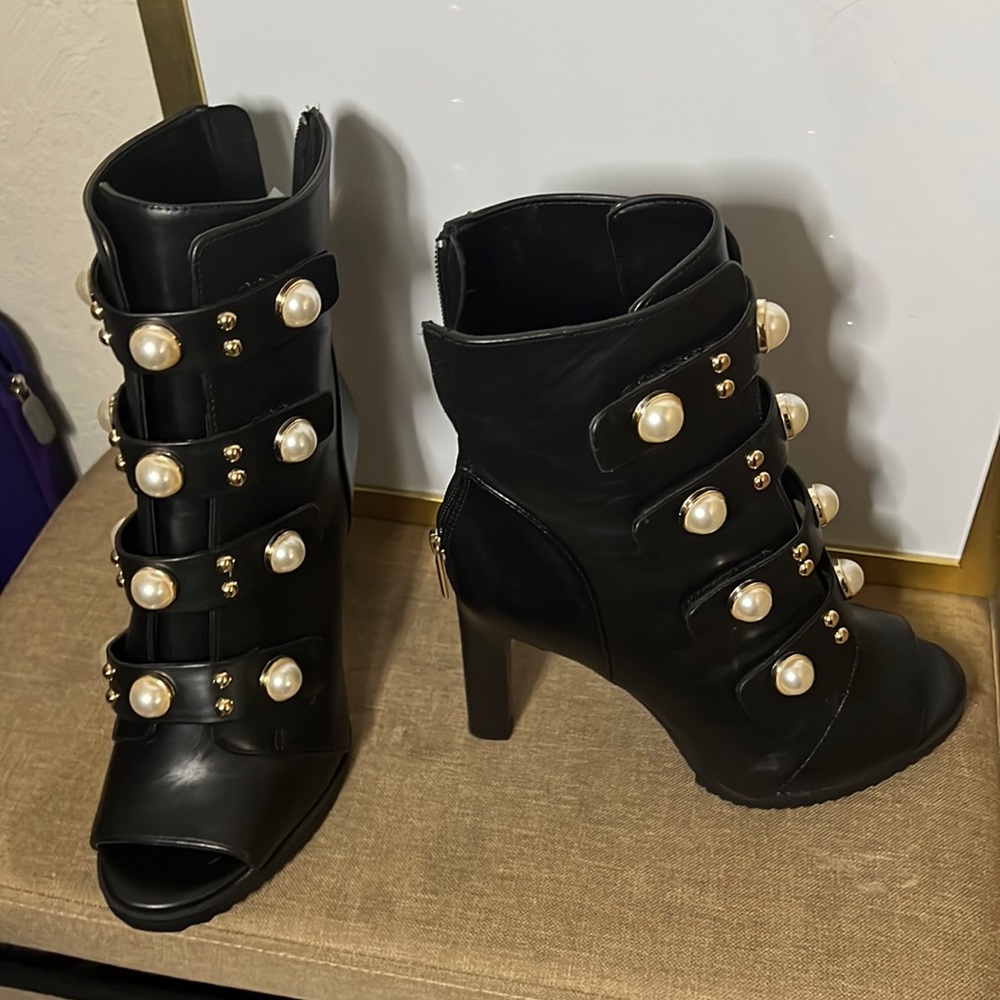 Karl Lagerfeld Brayden Embellished Boots Booties Open Peep Toe Zip Pearls Heel